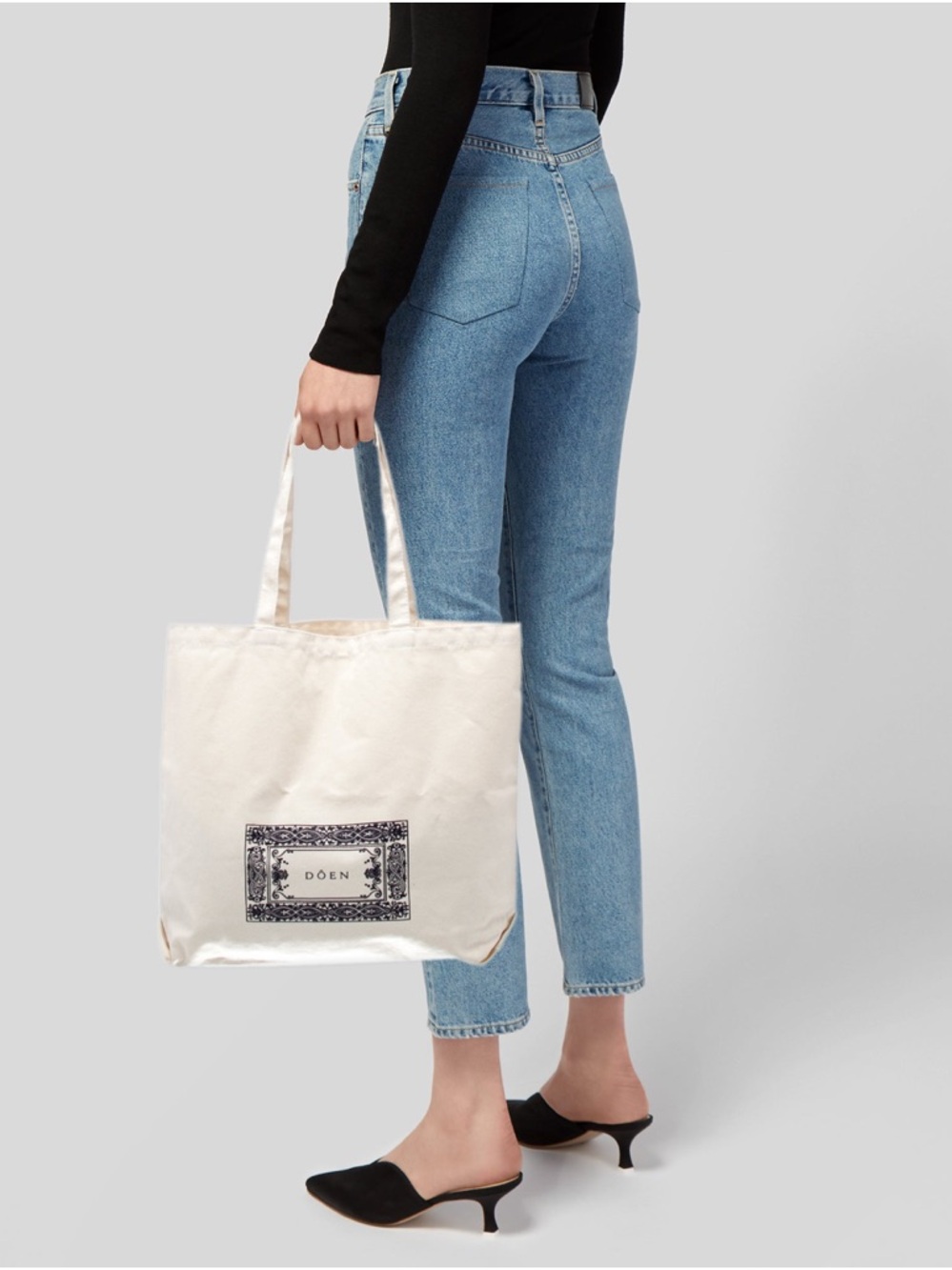 Doen Cream Canvas Tote with Decorative Logo Panel